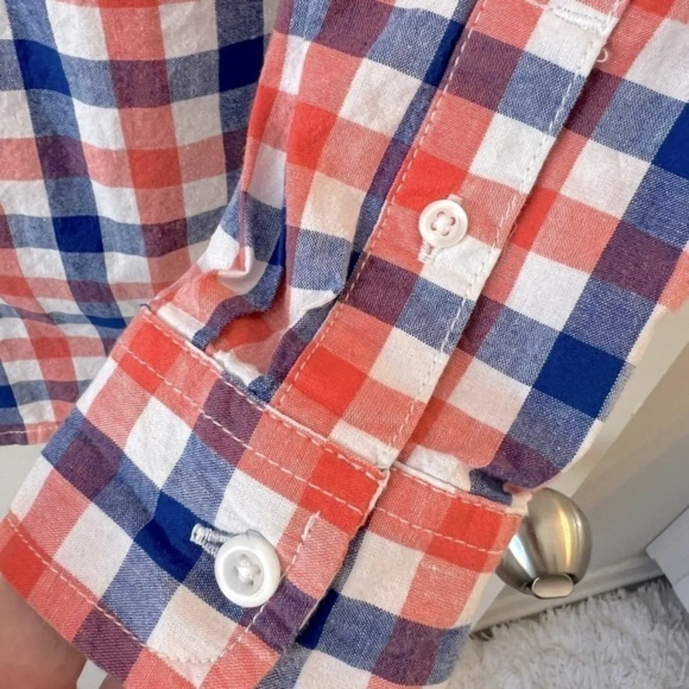 Childrens Place Boys Orange White Blue Plaid Button-Down Long Sleeve Shirt 14/XL
